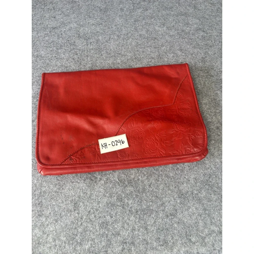 Barganza Floral Embossed Clutch Medium Red Leather‎ Rose Detail Handbag
